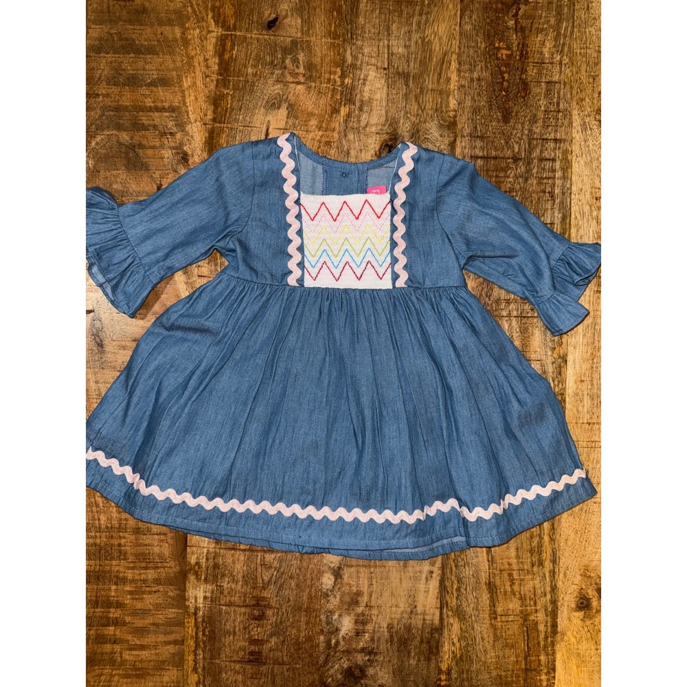 Good Lad Toddler Girls Blue Chambray Smocked Rainbow Ric Rac Trim Dress 18M